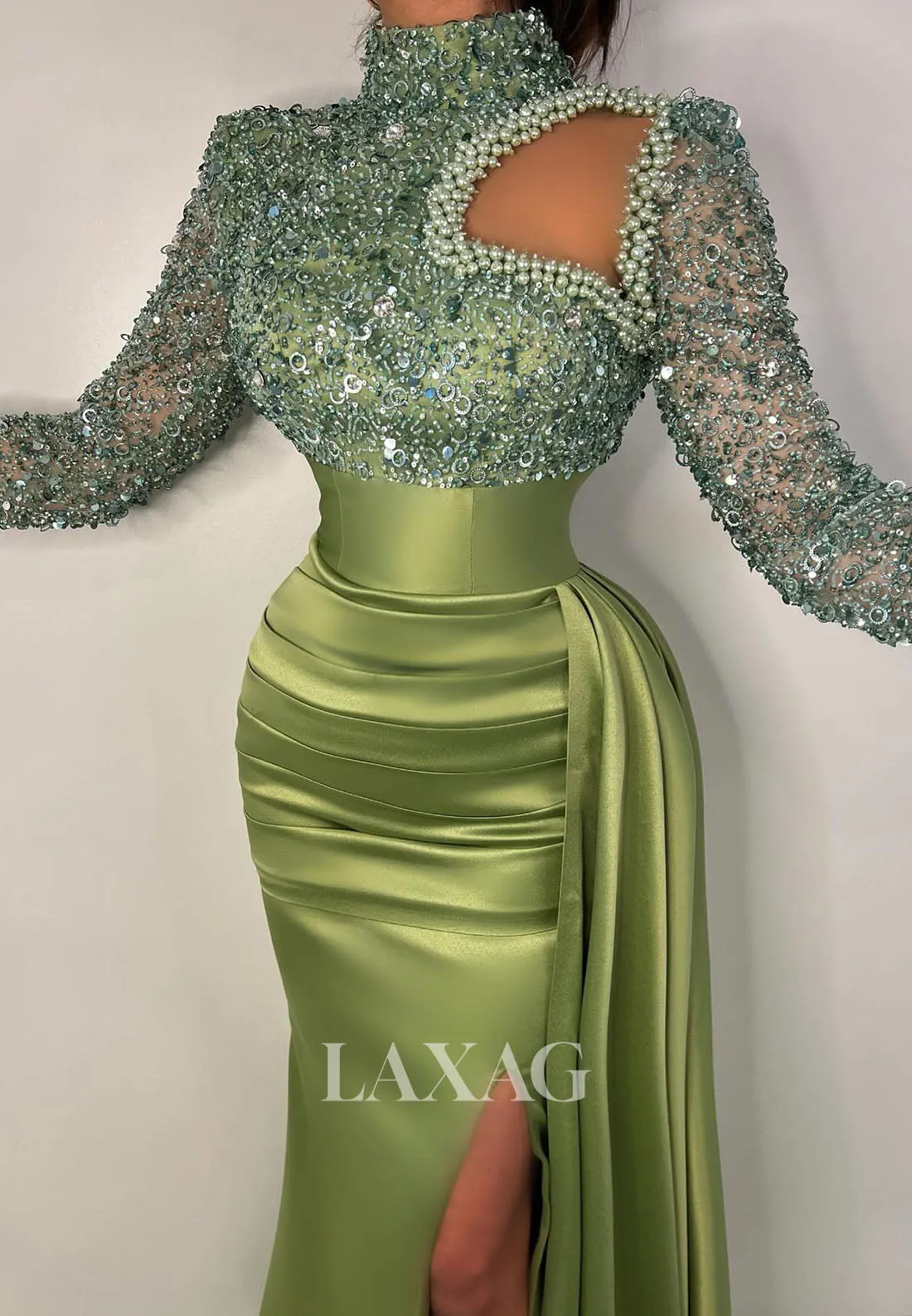 23171 - High Neck Long Sleeves Cutout Pearls Sequins Party Prom Formal Evening Dress with Slit