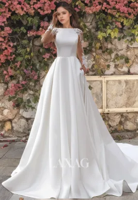 A-Line Bateau Long Sleeves Appliques Tulle Sleek Satin Wedding Dress with Train