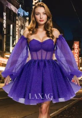 A-Line Long Sleeves Strapless Sequins Tulle illsuion Party Homecoming Dress