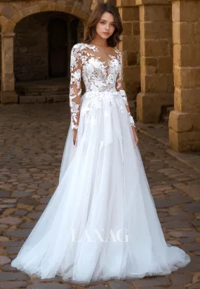 A-Line Long Sleeves Tulle Lace Elegant Wedding Dress with Train