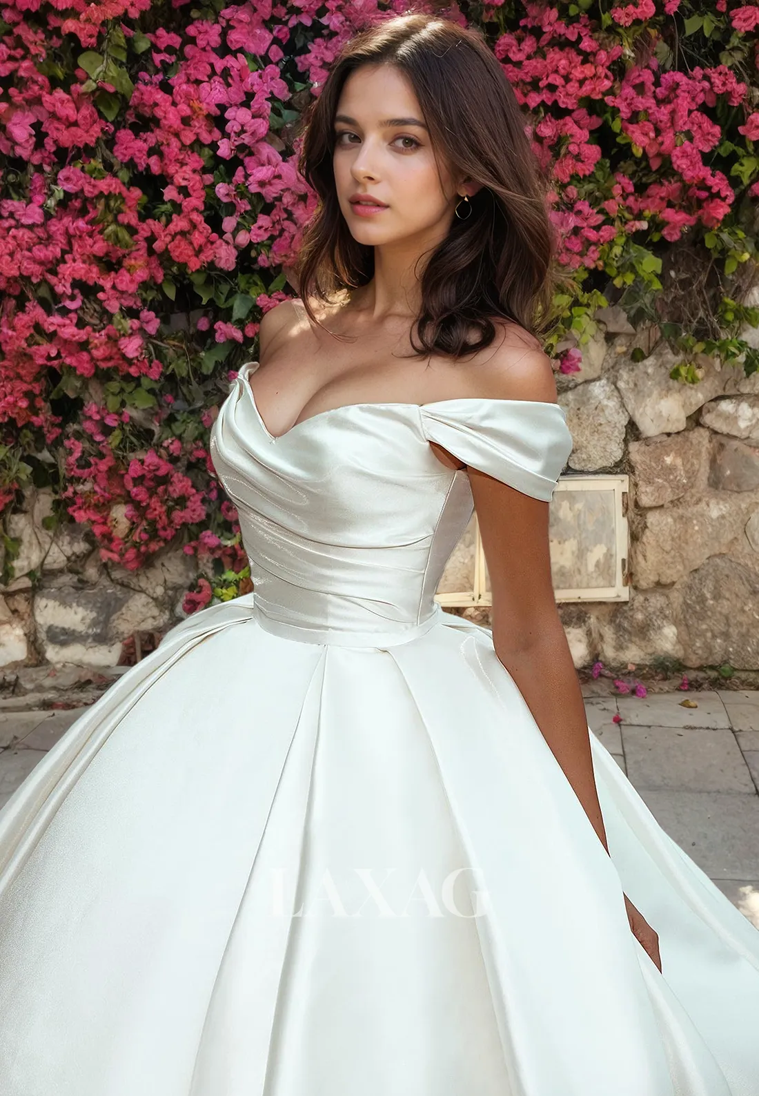 A-Line Off Shoulder Pleated Sleek Satin Elegant Wedding Dress with Train