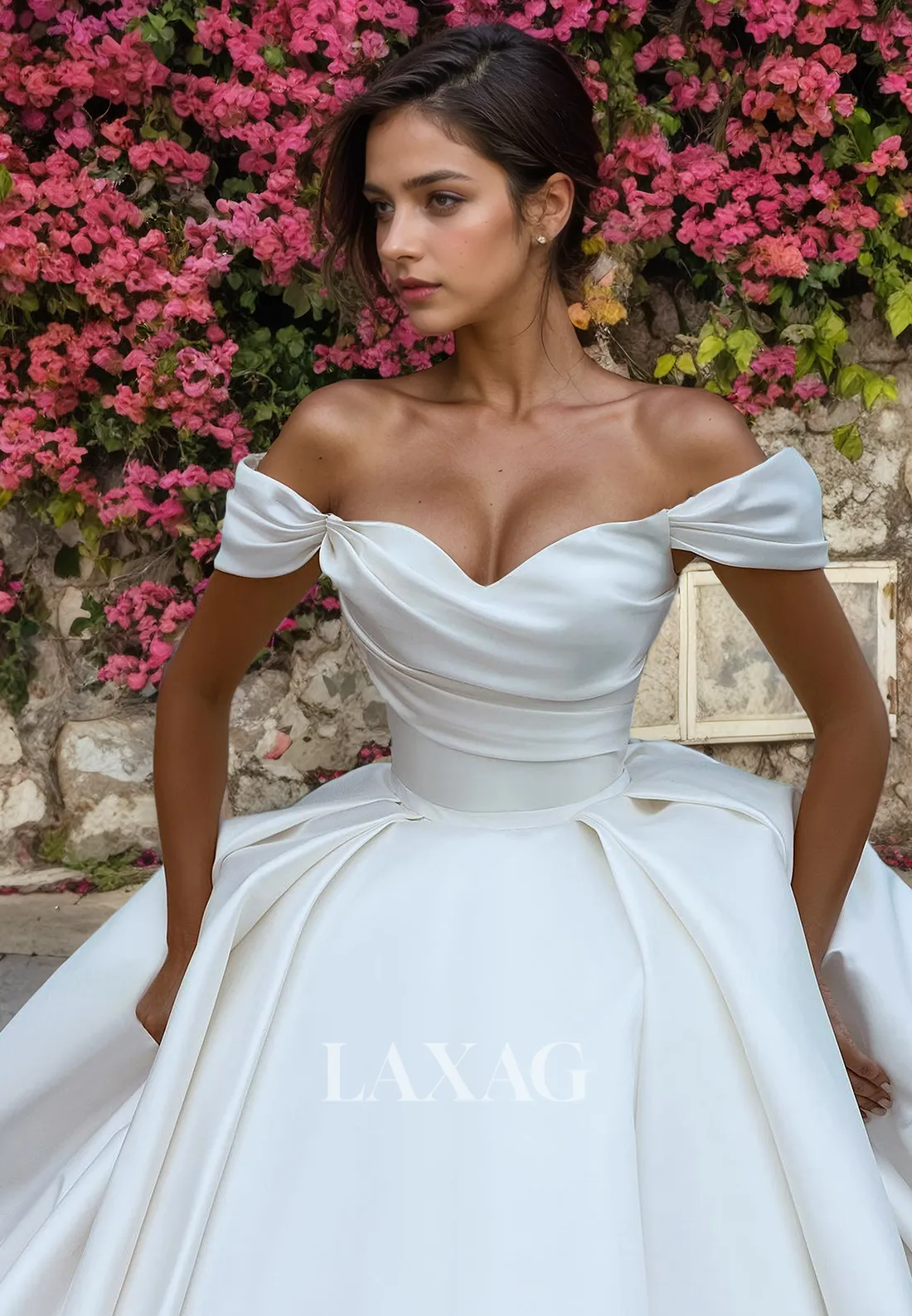 A-Line Off Shoulder Pleated Sleek Satin Elegant Wedding Dress with Train