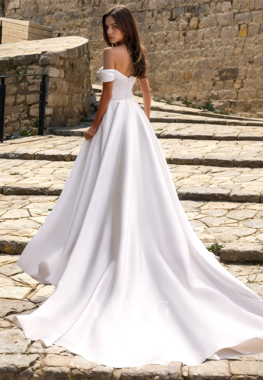 A-Line Off Shoulder Sleek Satin Elegant Wedding Dress with Train