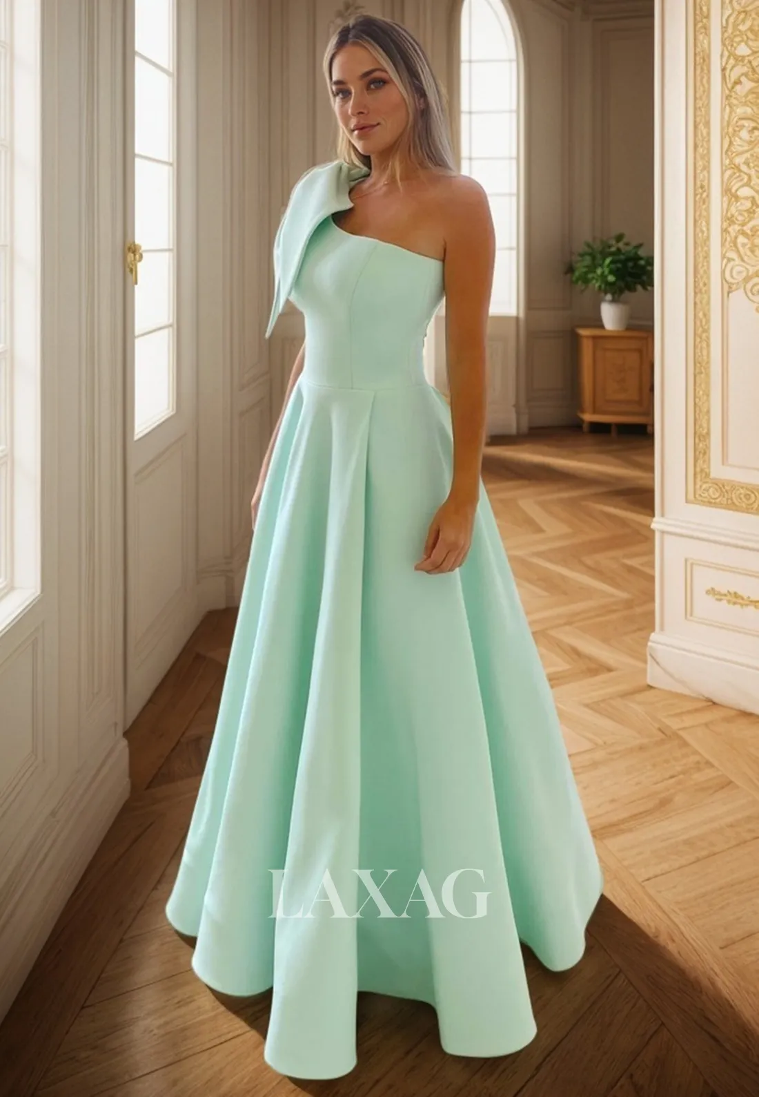 A-Line One Shoulder Sleek Satin Elegant Party Prom Formal Evening Dress