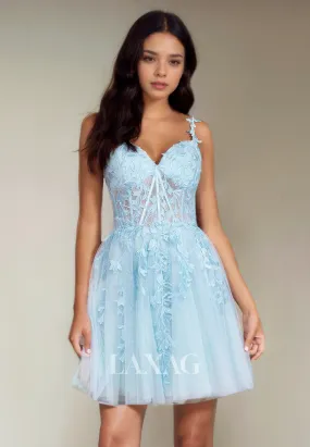 A-Line Spaghetti Straps Lace Appliques Tulle Elegant Party Homecoming Dress