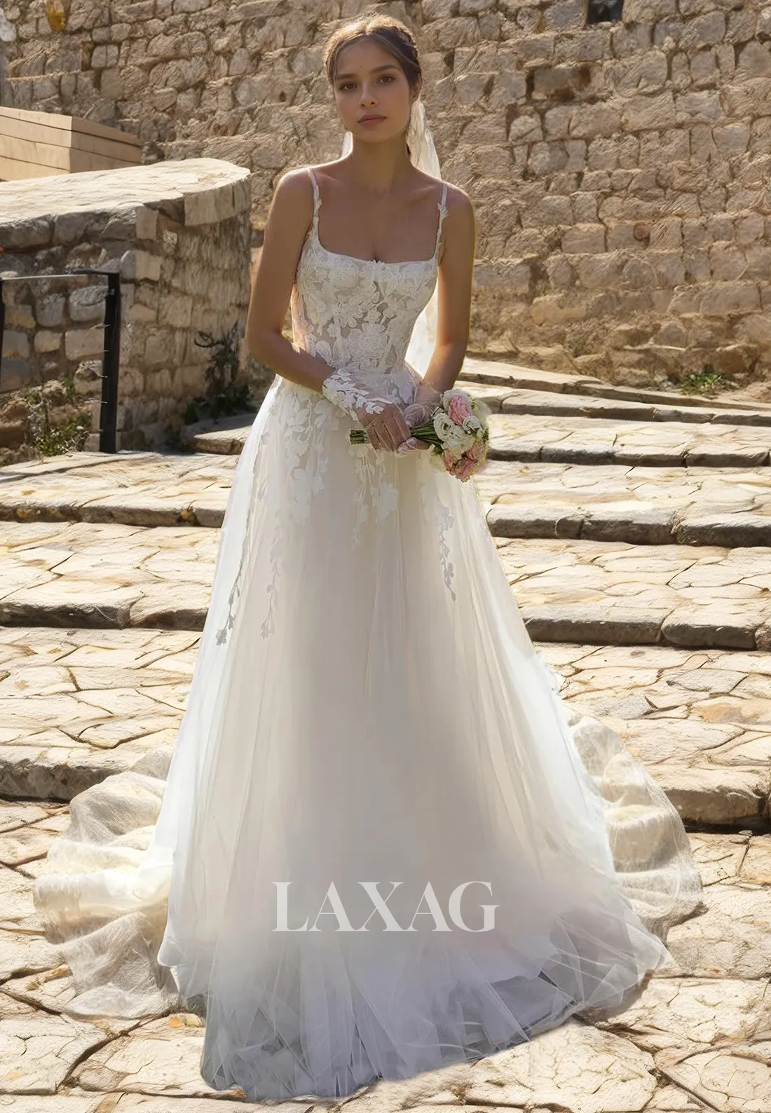 A-Line Spaghetti Straps Lace Tulle Elegant Wedding Dress with Train