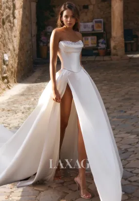 A-Line Strapless Beaded High Slit Sleek Satin Elegant Wedding Dress with Train