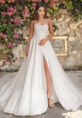 A-Line Strapless High Slit Elegant Wedding Dress with Train