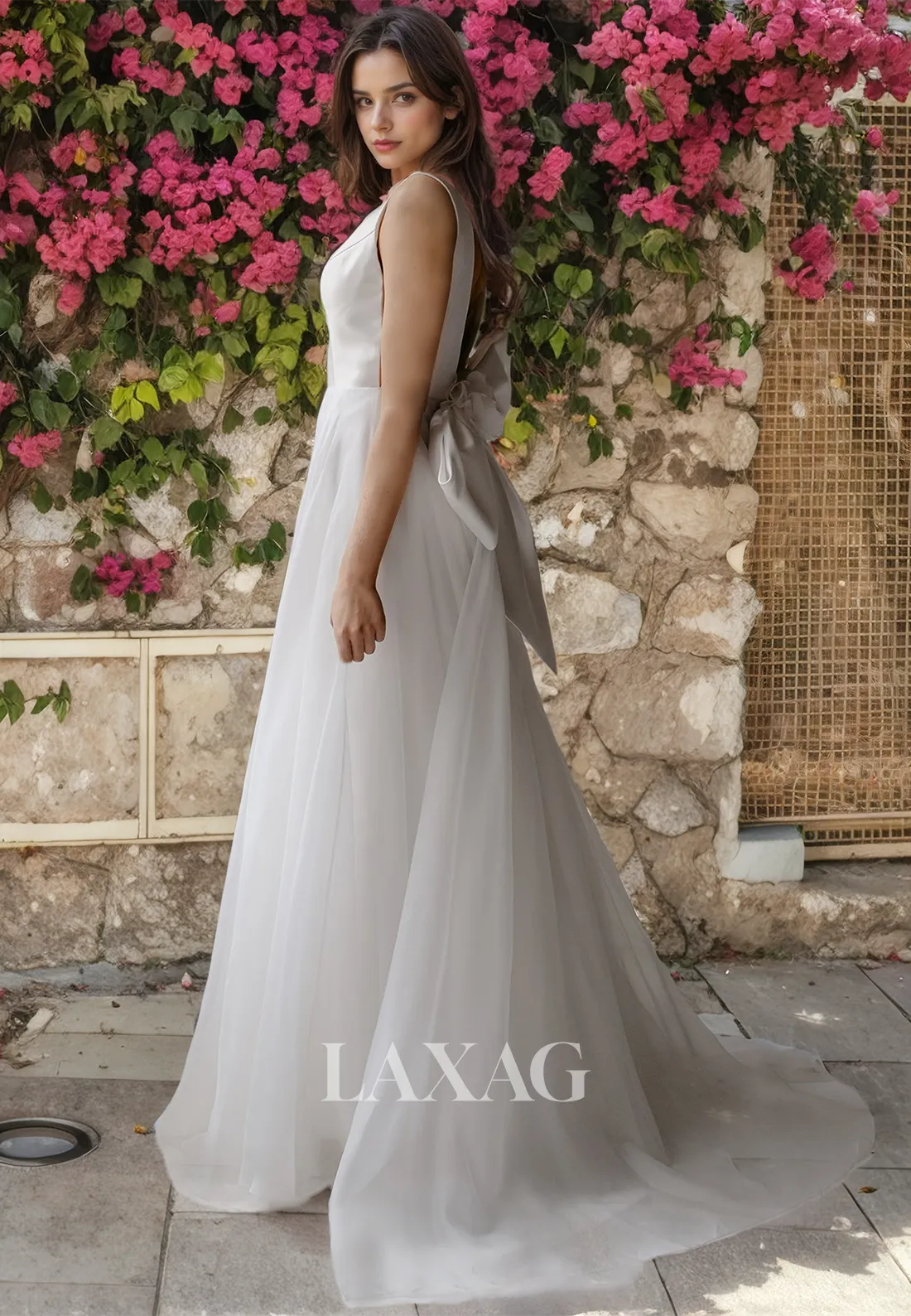 A-Line V-Neck Backless Sleek Satin Elegant Wedding Dress with Train