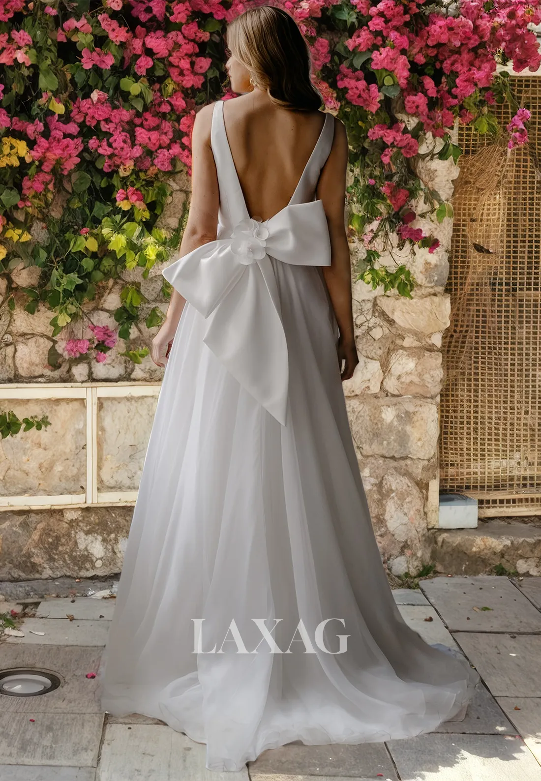 A-Line V-Neck Backless Sleek Satin Elegant Wedding Dress with Train