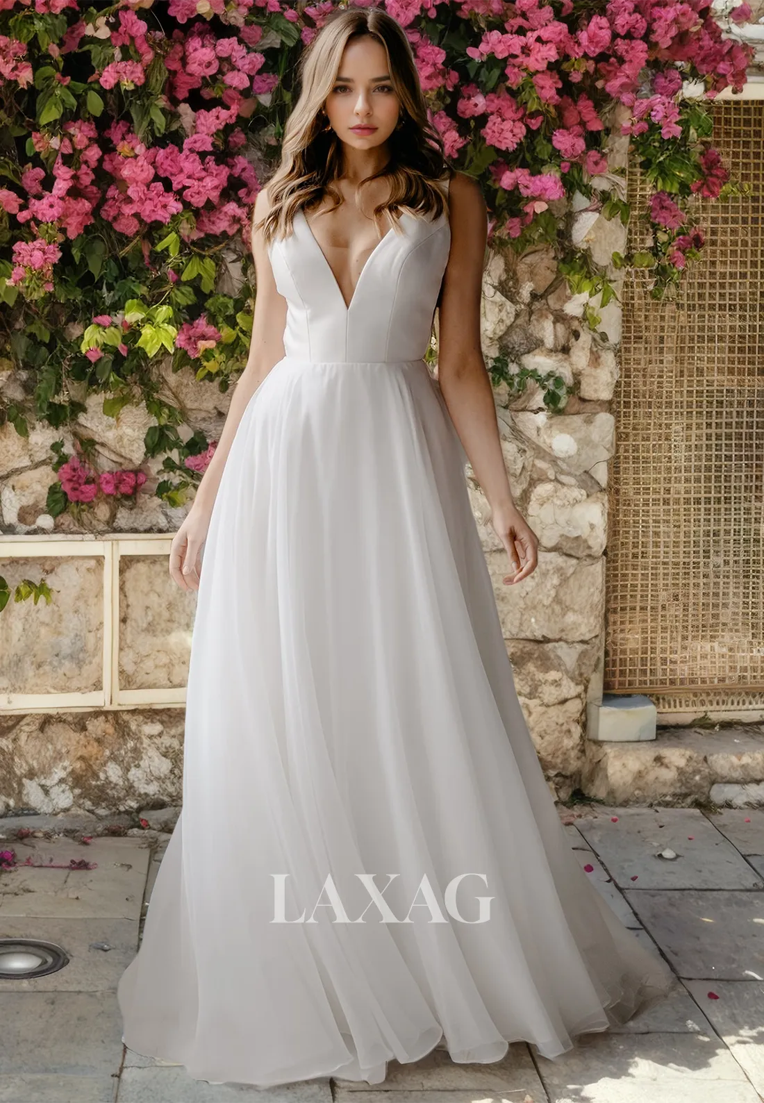 A-Line V-Neck Backless Sleek Satin Elegant Wedding Dress with Train