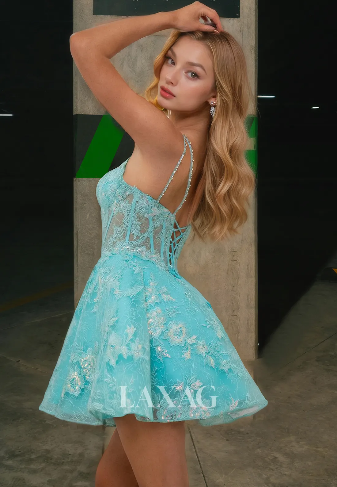 A-Line V-Neck Spaghetti Straps Lace Sequins Party Homecoming Dress