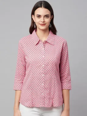 Baby Pink Block Printed Casual Women Shirts