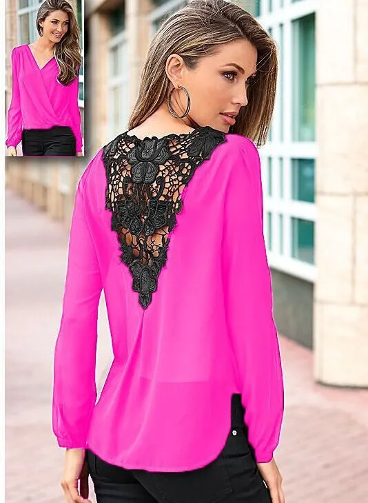 Backless Lace Patchwork V-neck Long Sleeves Chiffon Blouse