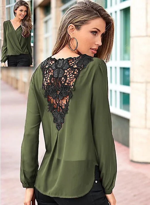 Backless Lace Patchwork V-neck Long Sleeves Chiffon Blouse