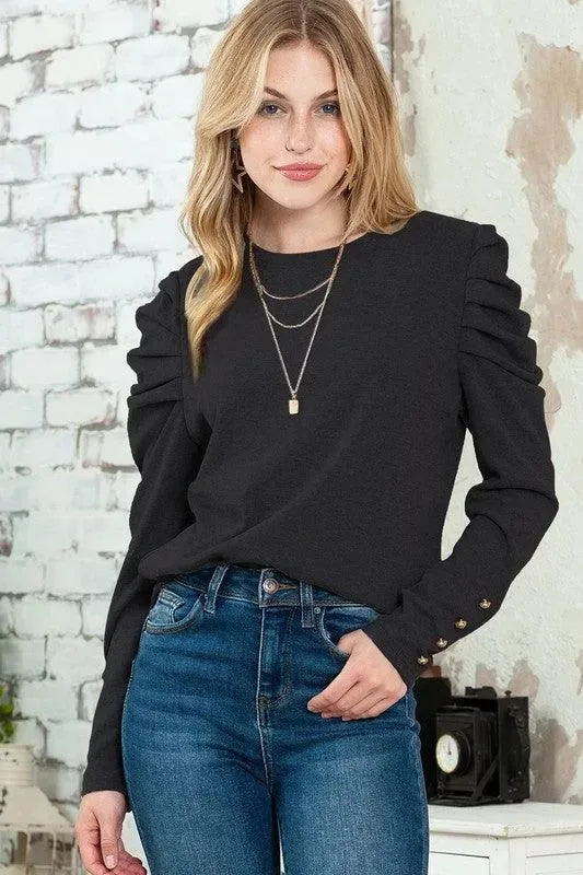 Basic Buttoned Puff Long Sleeve Blouse top