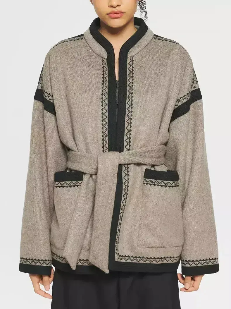 Belted Embroidered Wool-Blend Kimono Jacket