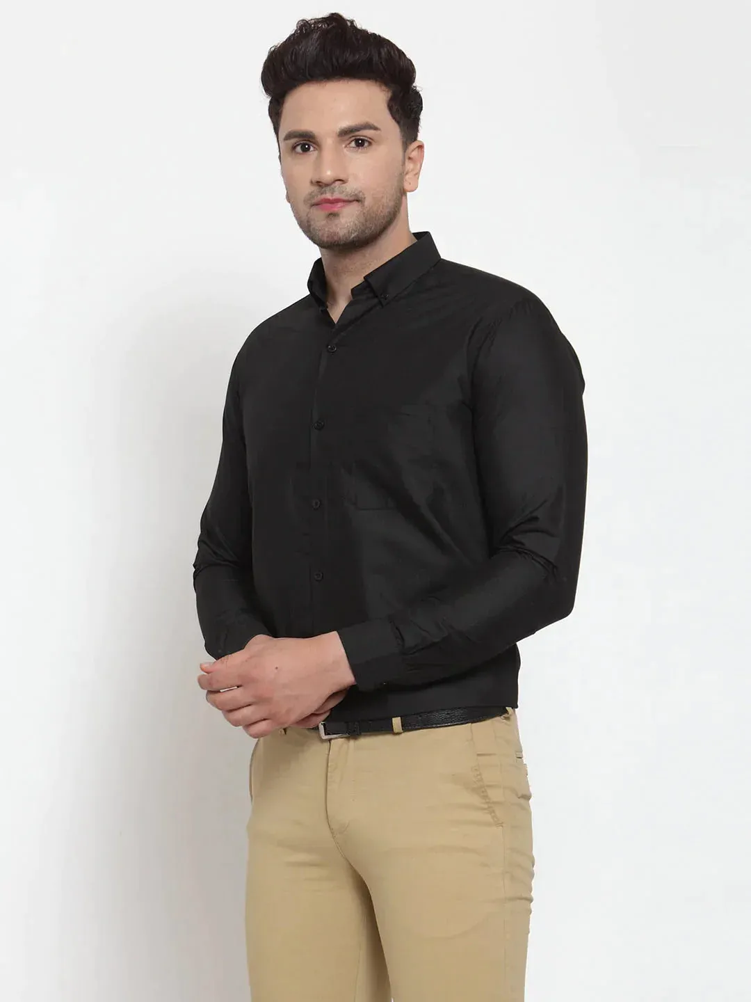 Black Men's Cotton Solid Button Down Formal Shirts