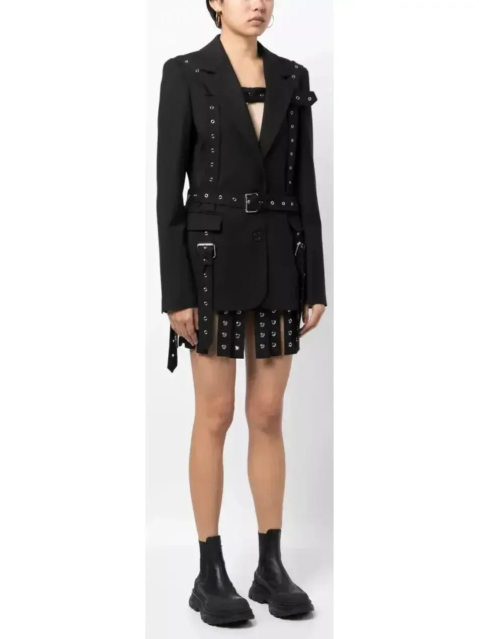 Black Multi Buckle Belted Single Breasted Blazer