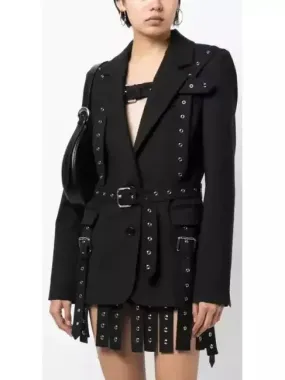 Black Multi Buckle Belted Single Breasted Blazer