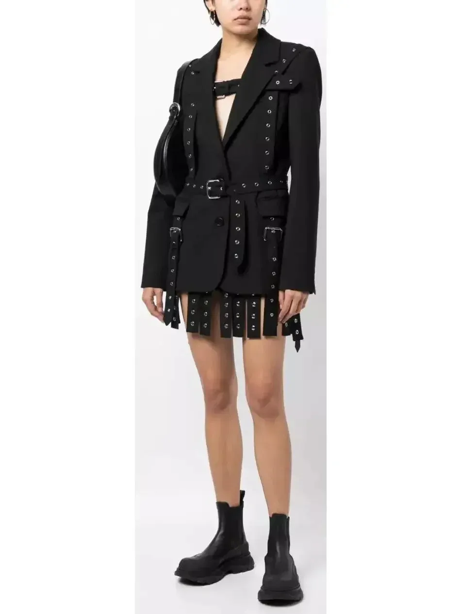 Black Multi Buckle Belted Single Breasted Blazer