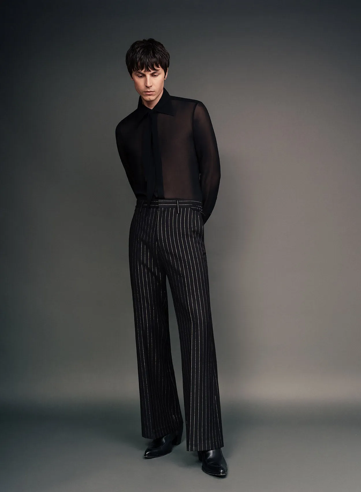 Black Silver Wool & Silk Pinstripe Buckle Flares