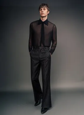 Black Silver Wool & Silk Pinstripe Buckle Flares