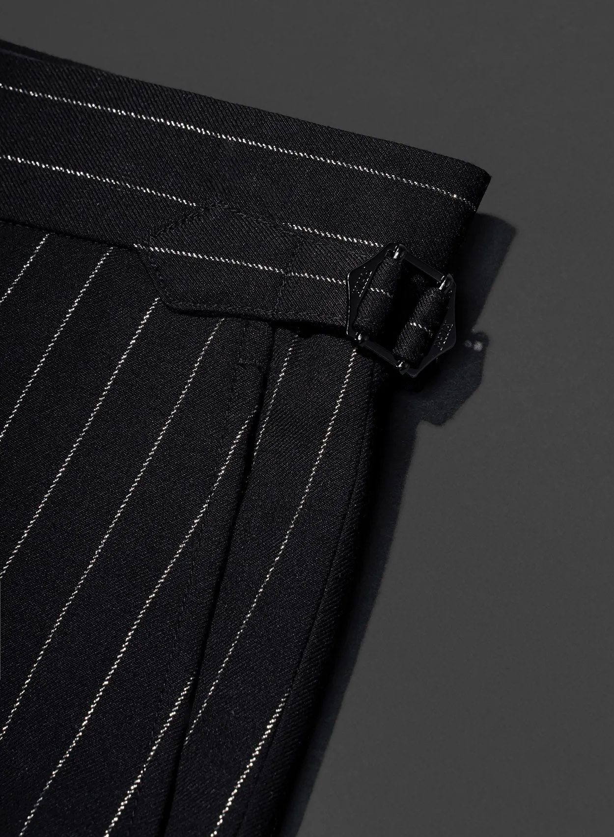 Black Silver Wool & Silk Pinstripe Buckle Flares