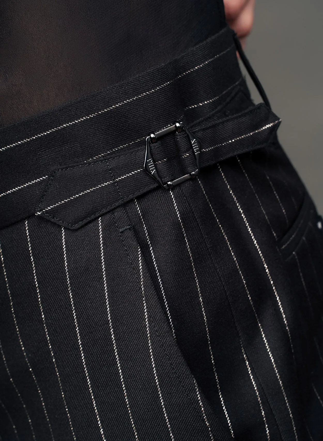 Black Silver Wool & Silk Pinstripe Buckle Flares