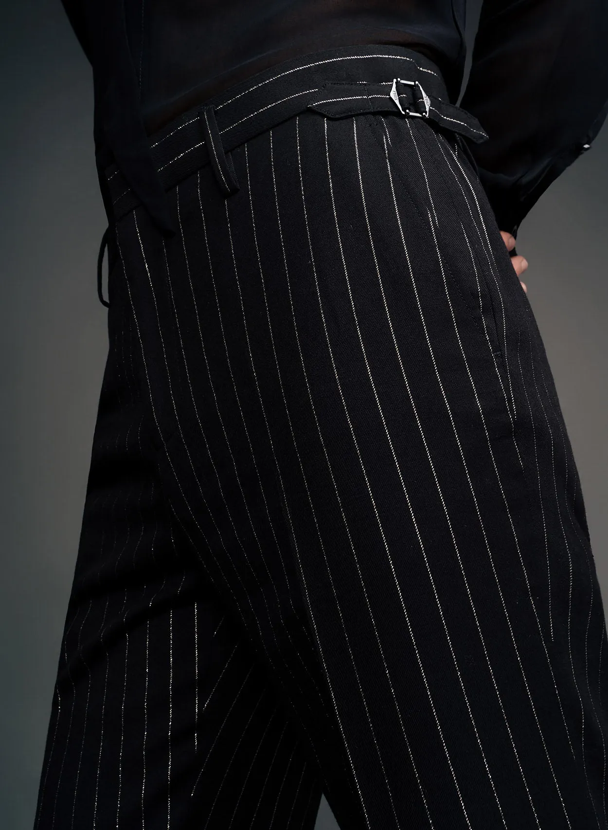 Black Silver Wool & Silk Pinstripe Buckle Flares