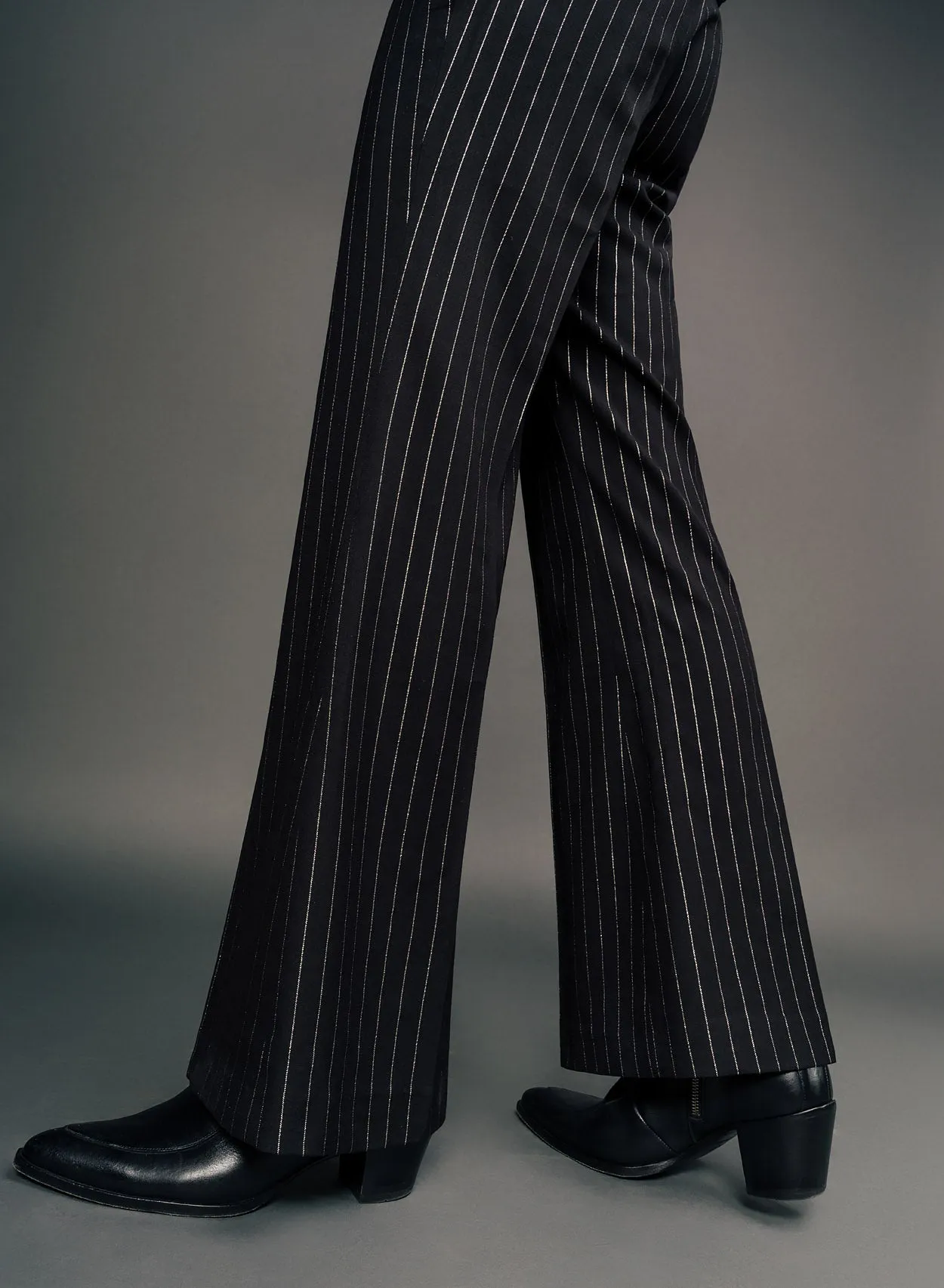 Black Silver Wool & Silk Pinstripe Buckle Flares