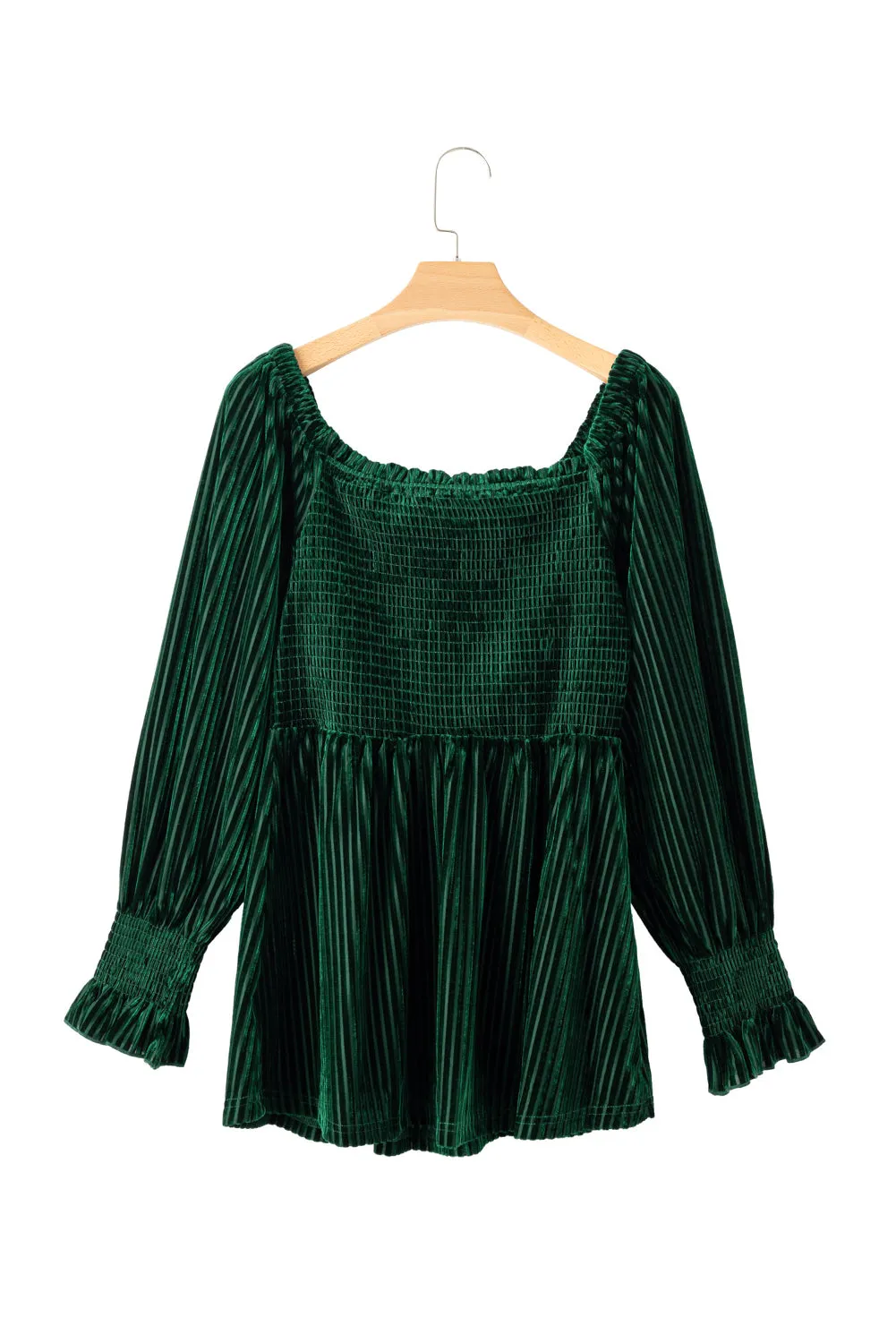 Blackish Green Velvet Smocked Babydoll Blouse