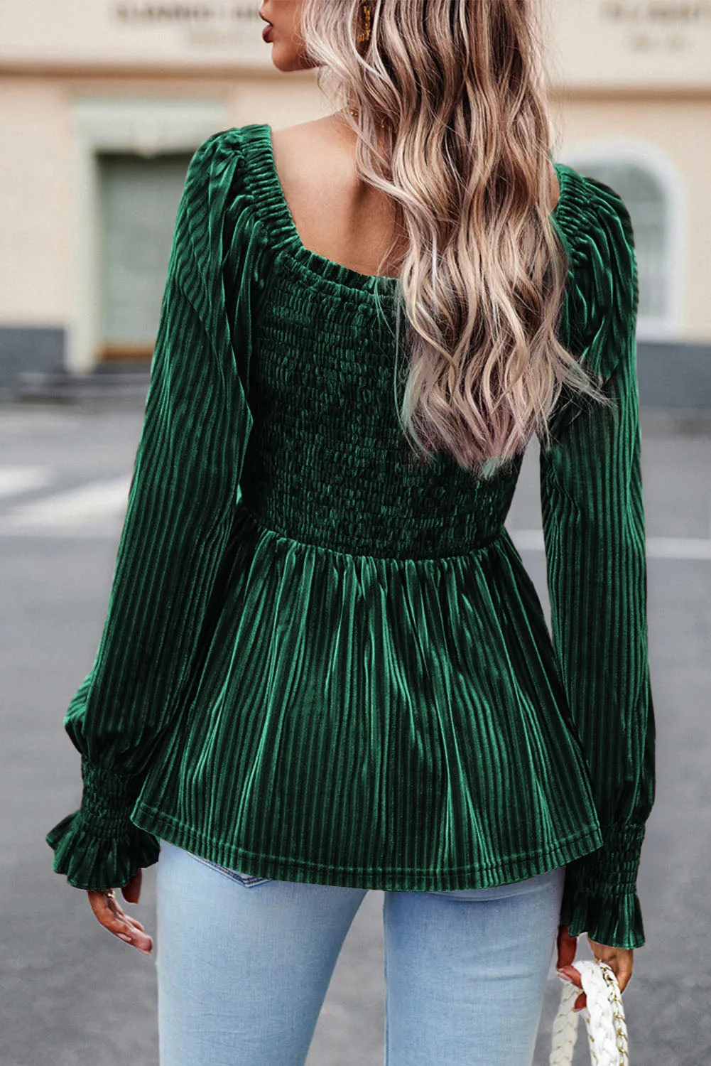 Blackish Green Velvet Smocked Babydoll Blouse