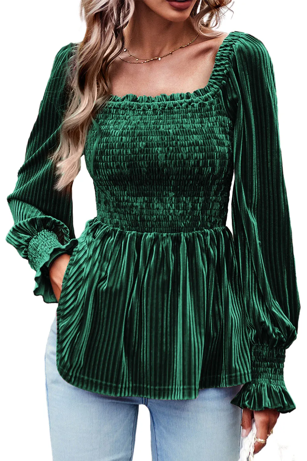 Blackish Green Velvet Smocked Babydoll Blouse