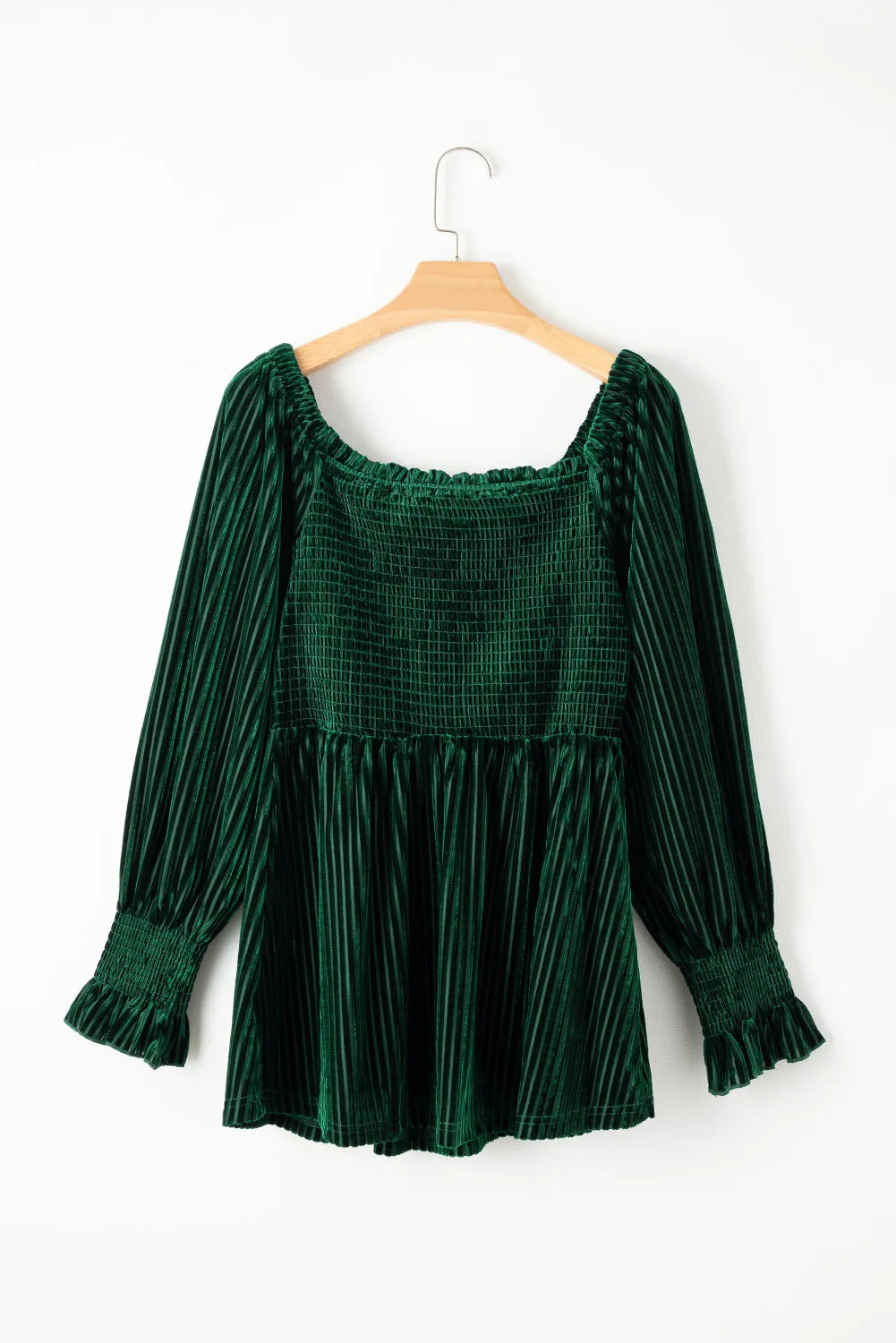 Blackish Green Velvet Smocked Babydoll Blouse