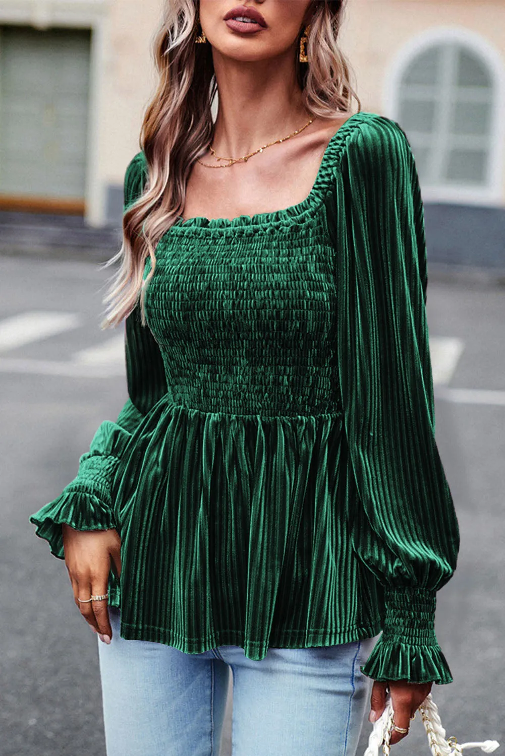 Blackish Green Velvet Smocked Babydoll Blouse