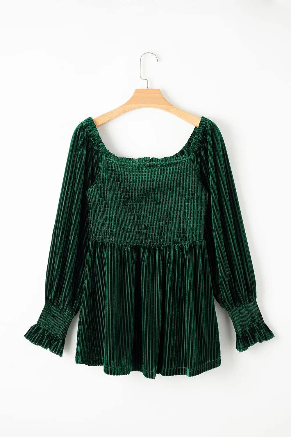 Blackish Green Velvet Smocked Babydoll Blouse