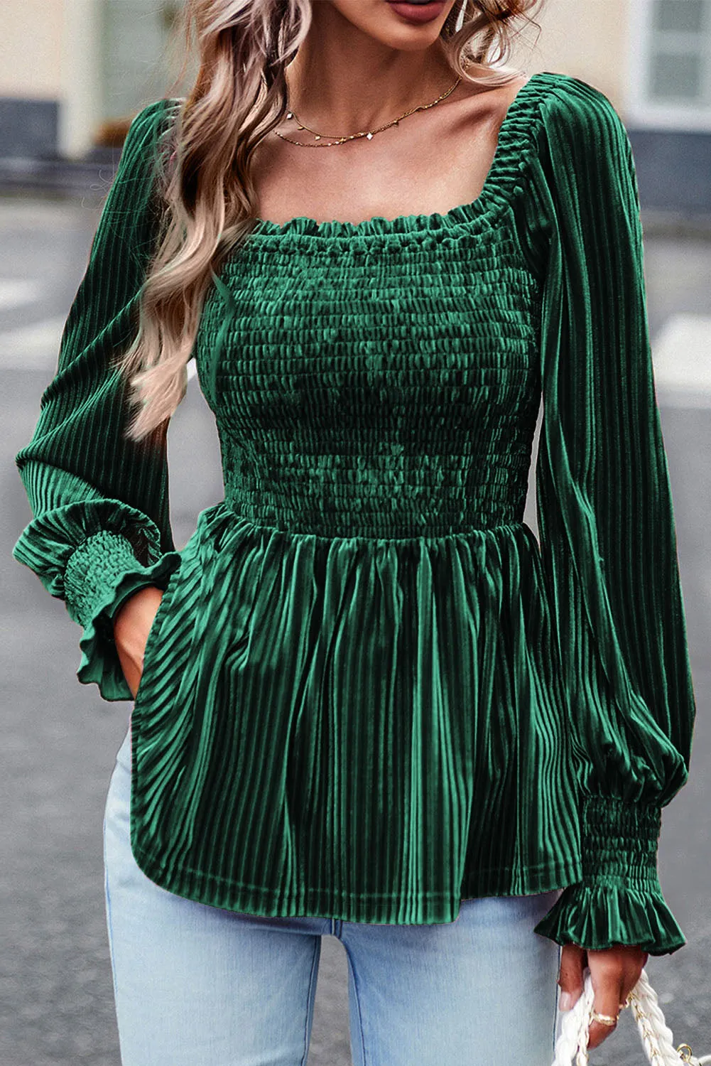 Blackish Green Velvet Smocked Babydoll Blouse