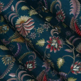 Blue Color Dola Silk Jaquard Floral Print Fabric