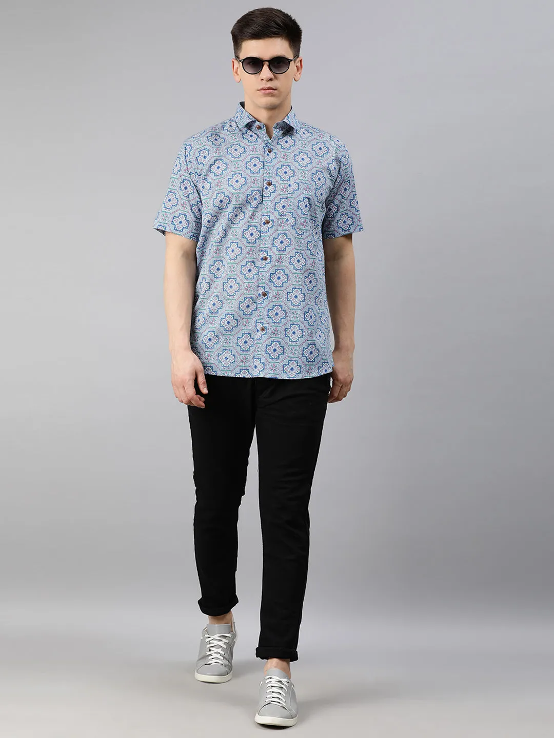 Blue Cotton Short Sleeves Shirts For Men