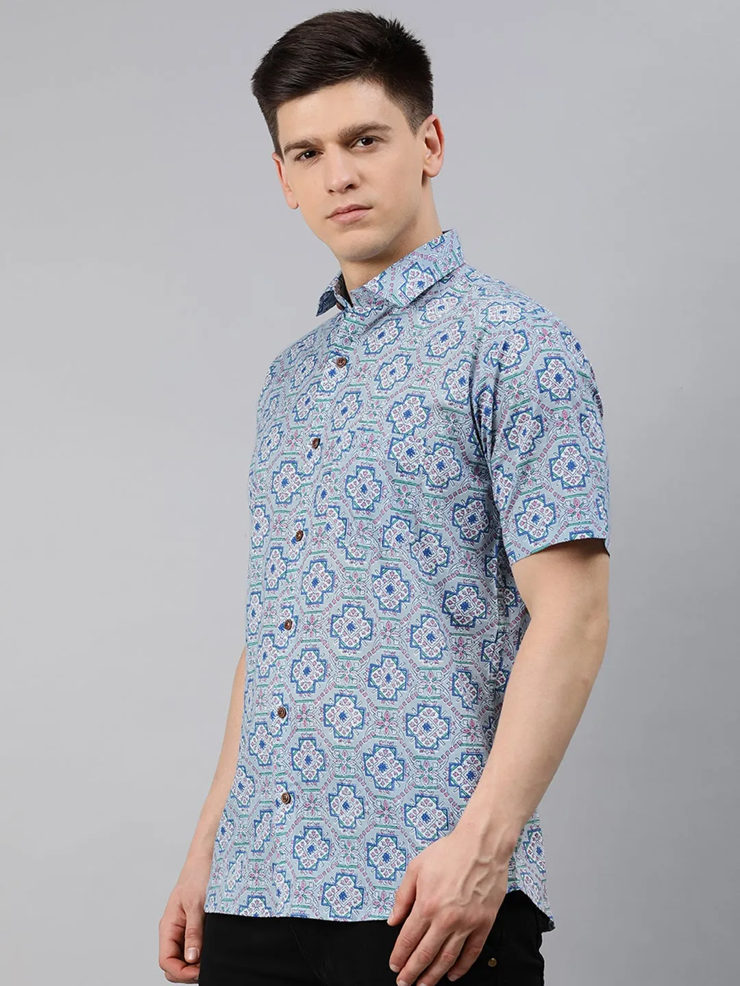 Blue Cotton Short Sleeves Shirts For Men