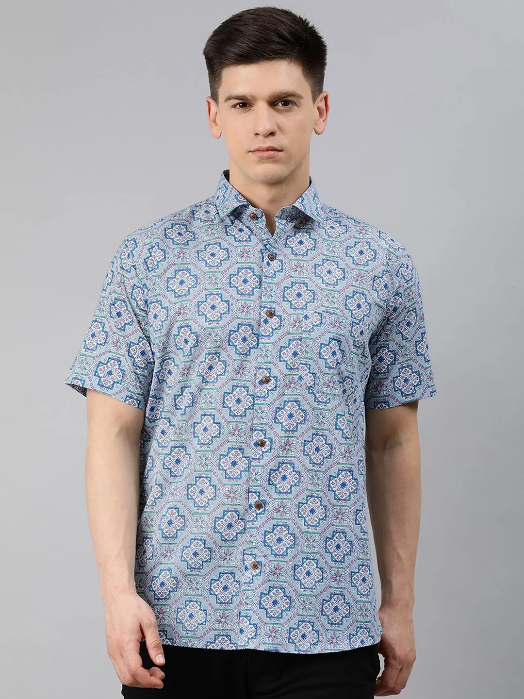 Blue Cotton Short Sleeves Shirts For Men