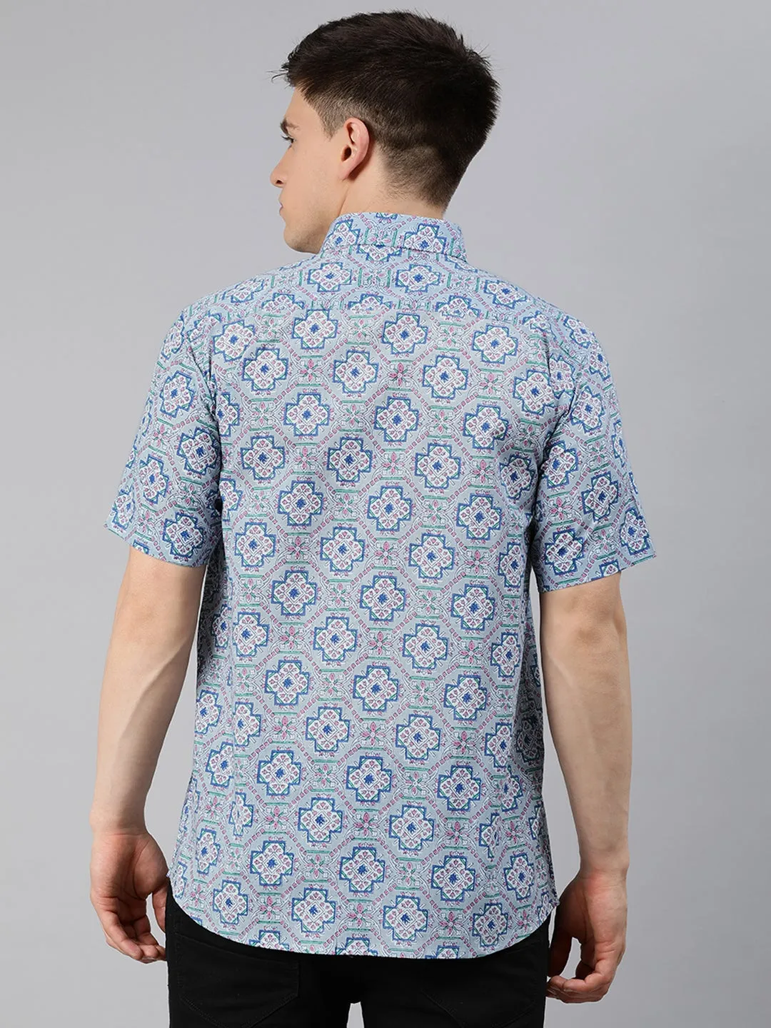 Blue Cotton Short Sleeves Shirts For Men