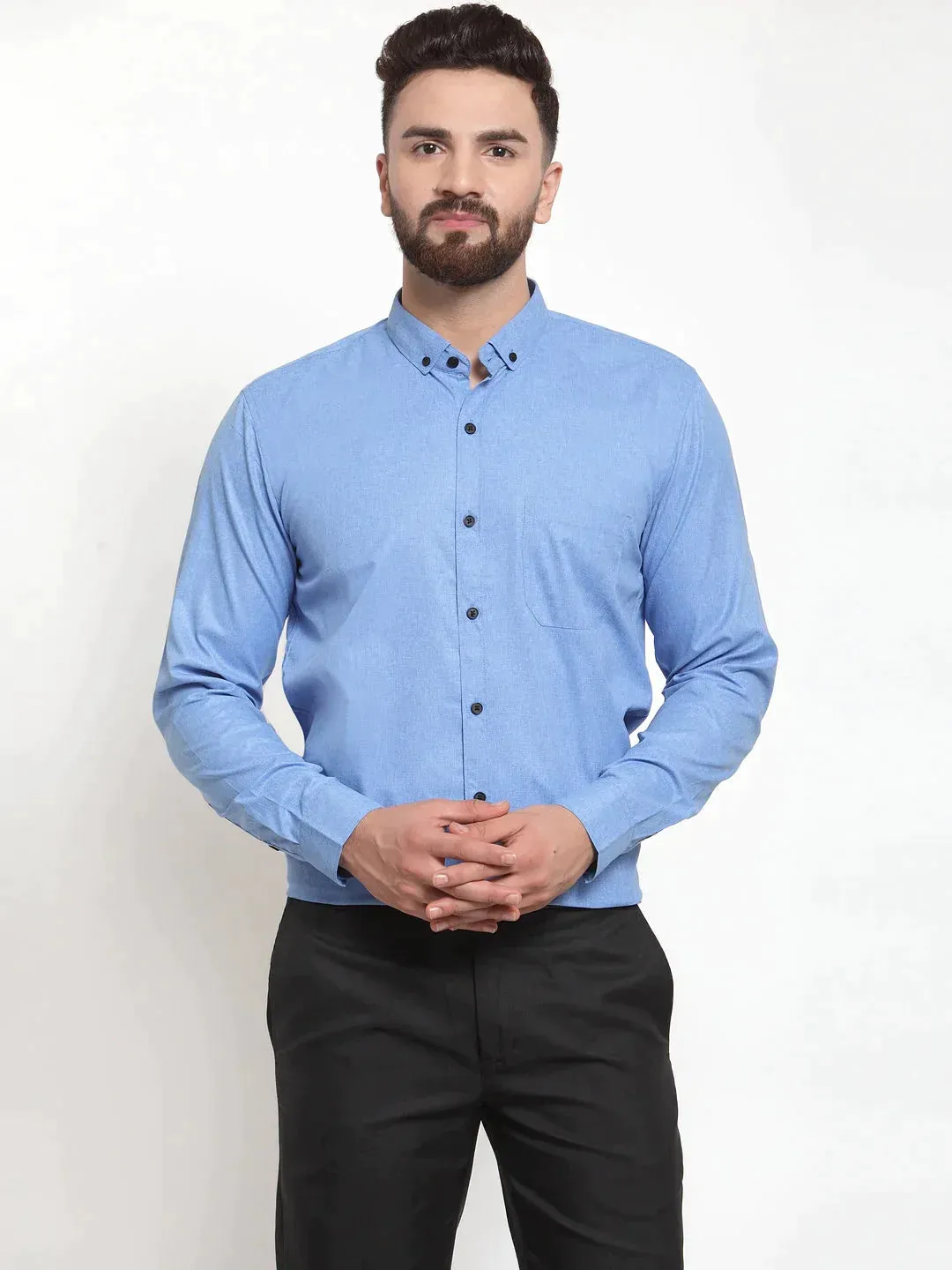 Blue Men's Cotton Solid Button Down Formal Shirts