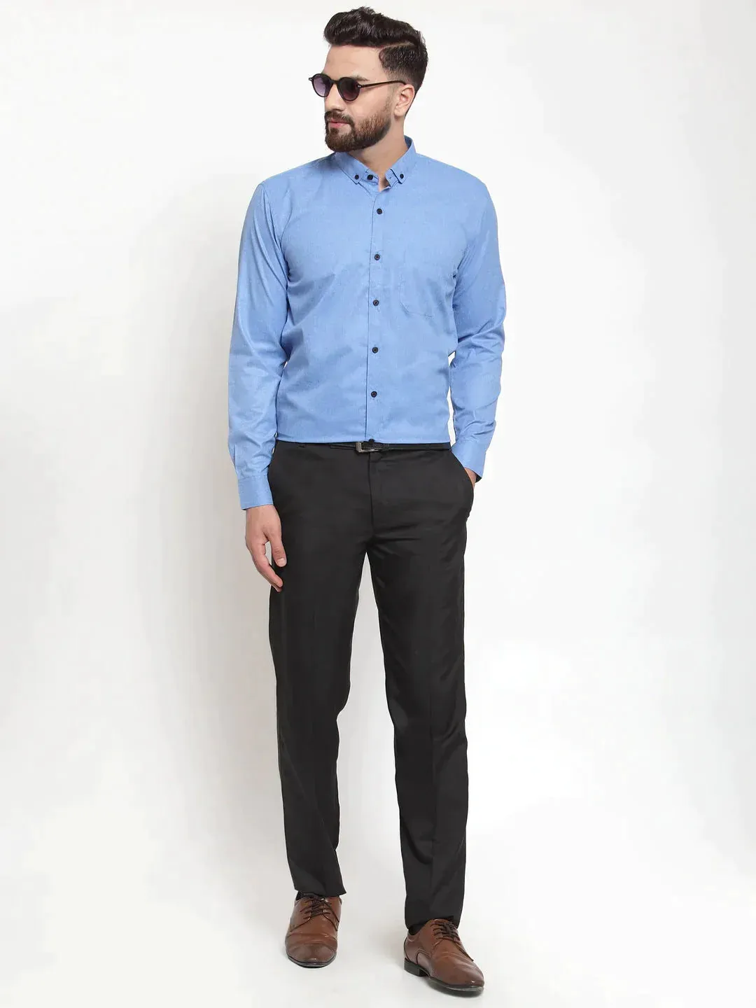 Blue Men's Cotton Solid Button Down Formal Shirts