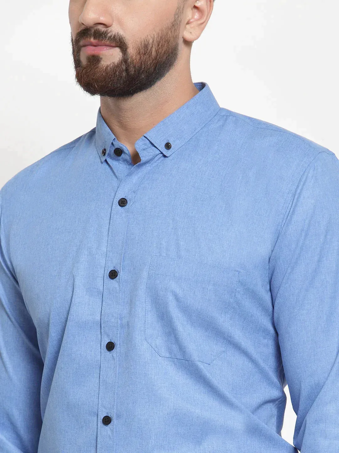 Blue Men's Cotton Solid Button Down Formal Shirts