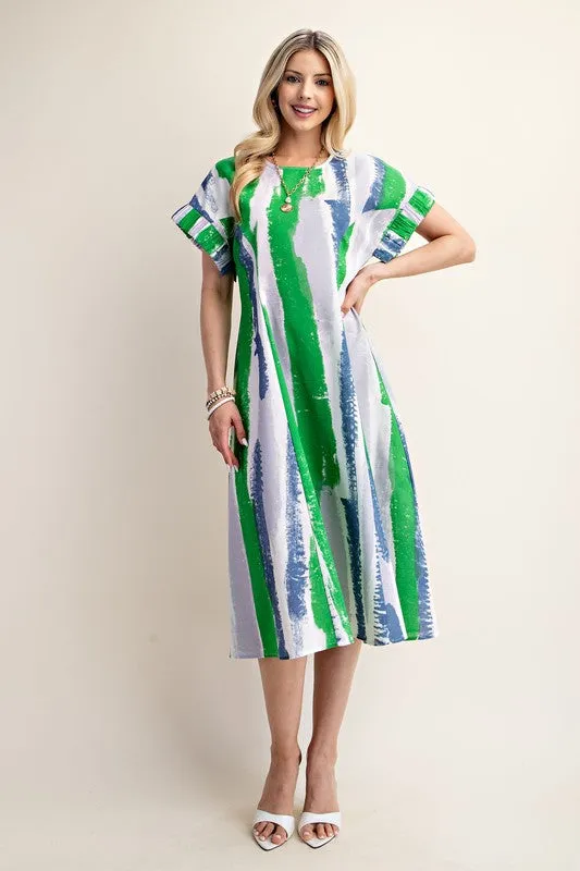 Blue/Green Linen Midi Dress With Structured Sleeve Detail