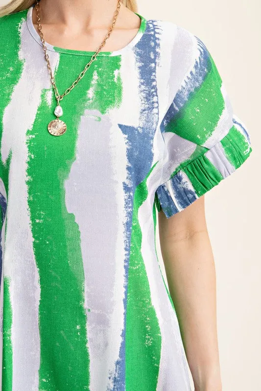 Blue/Green Linen Midi Dress With Structured Sleeve Detail