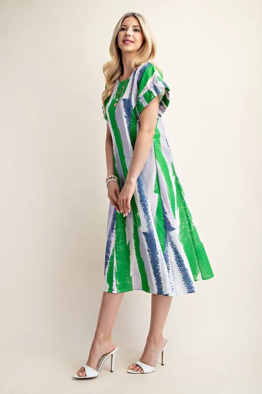 Blue/Green Linen Midi Dress With Structured Sleeve Detail