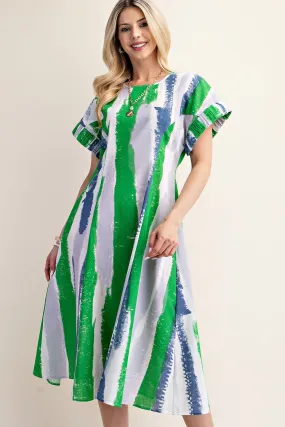 Blue/Green Linen Midi Dress With Structured Sleeve Detail